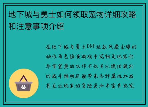 地下城与勇士如何领取宠物详细攻略和注意事项介绍